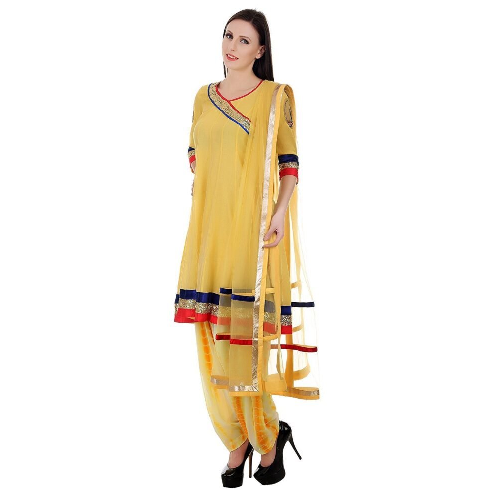 Devaleena Creations Yellow Chanderi Short Anarkali-Peacock embroidery on the sleeves for Ladies - Image 2