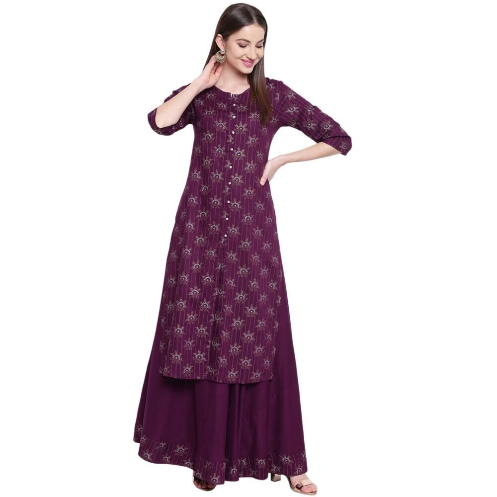 Khushal K Women's Rayon Printed Kurta With Skirt Set (Purple) - Image 2