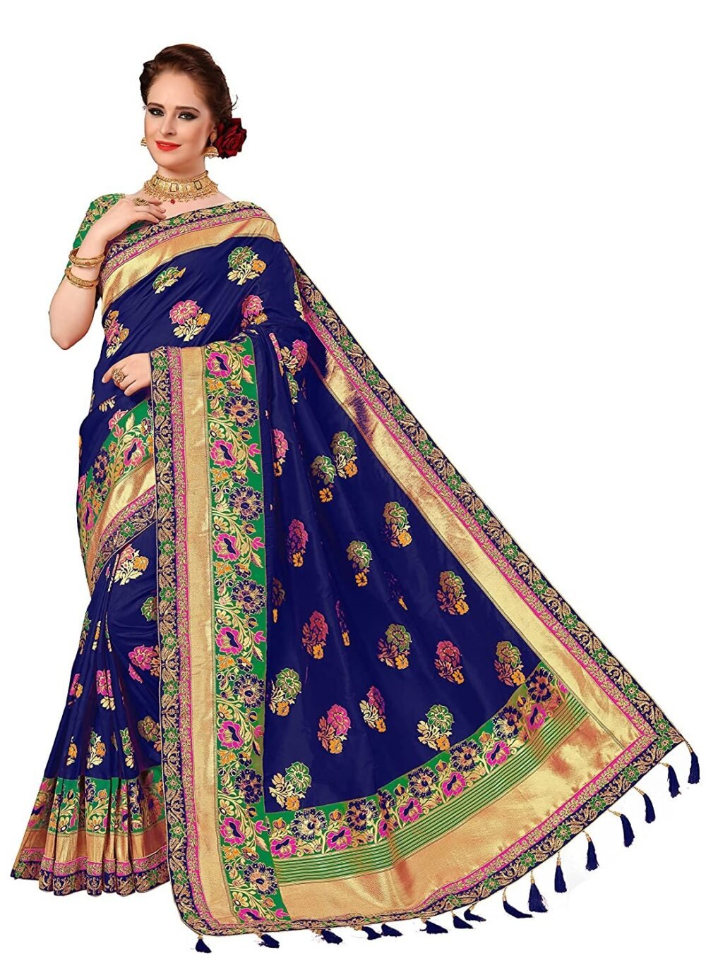 Nivah Fashion Women's Embroidered Banarasi Jacquard Silk Saree With Heavy Work Blouse Piece Tussle Pallu